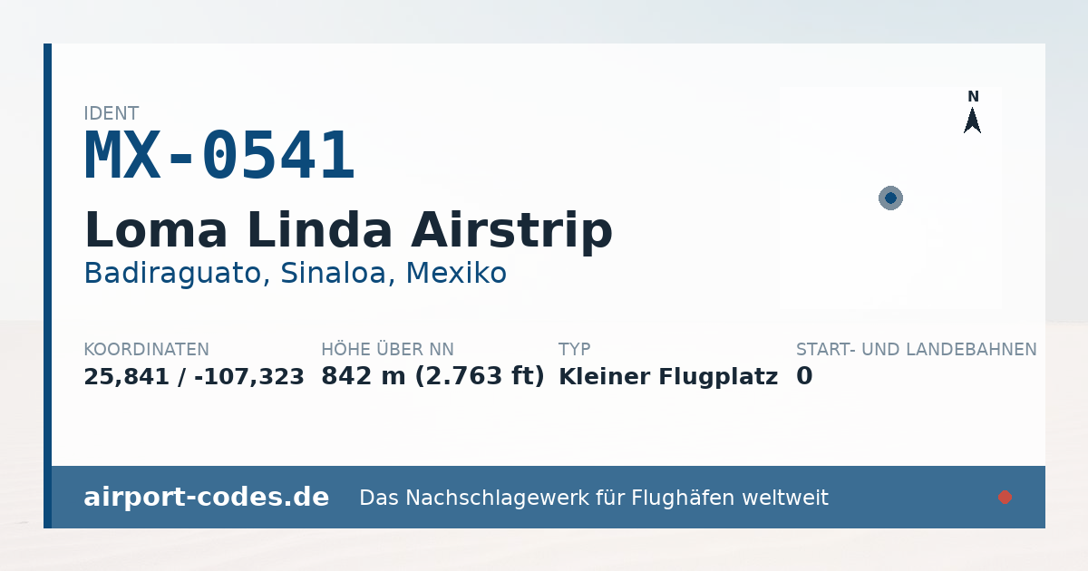 Generierte Übersichtsgrafik zum Flughafen Loma Linda Airstrip mit Codes, Koordinaten und Bahnenskizze
