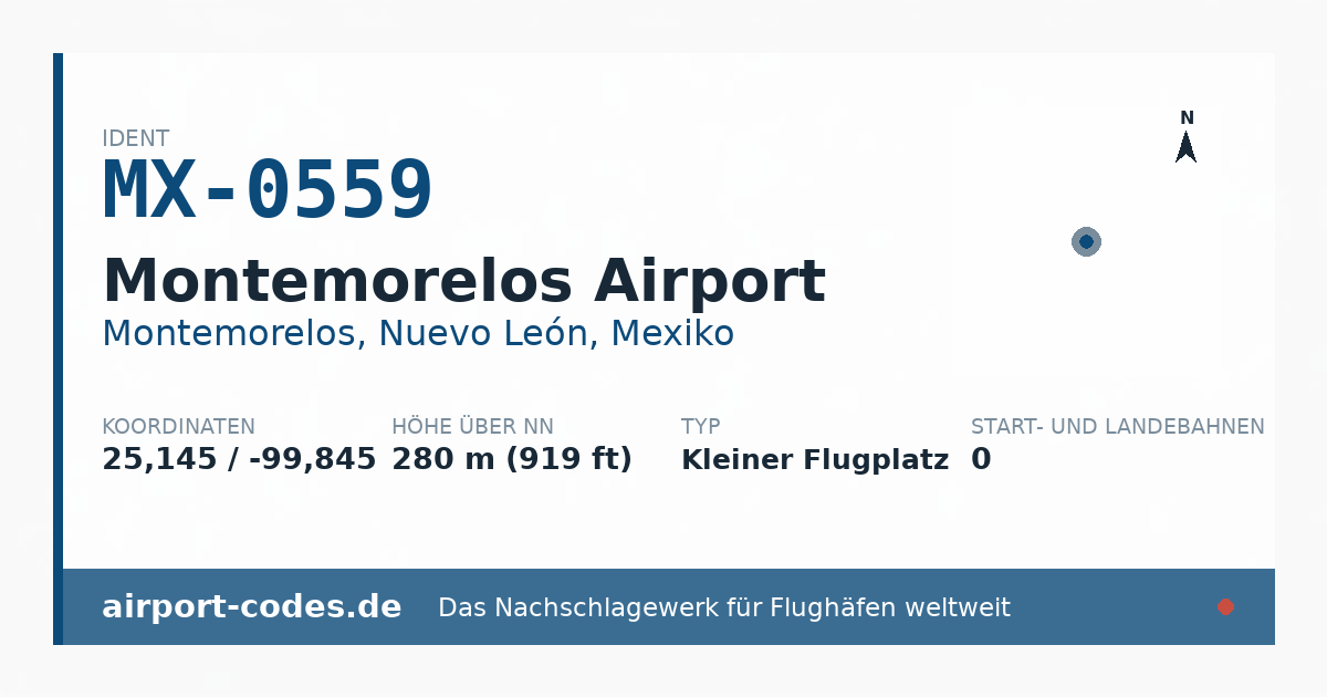 Generierte Übersichtsgrafik zum Flughafen Montemorelos Airport mit Codes, Koordinaten und Bahnenskizze