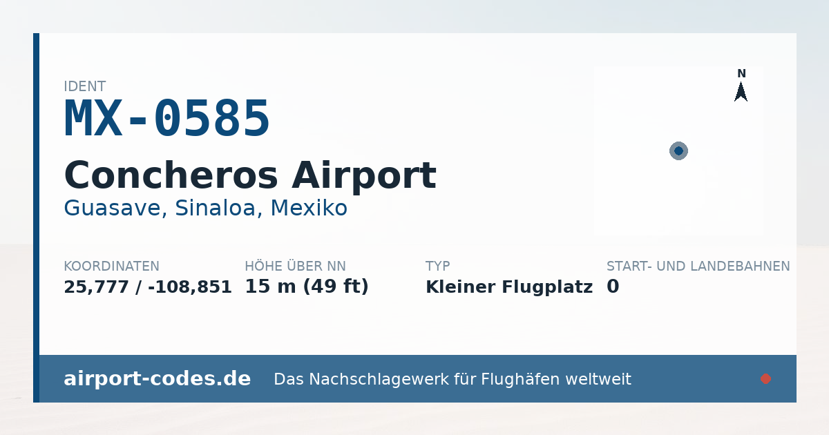 Generierte Übersichtsgrafik zum Flughafen Concheros Airport mit Codes, Koordinaten und Bahnenskizze