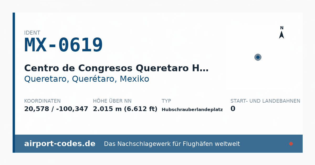 Generierte Übersichtsgrafik zum Flughafen Centro de Congresos Queretaro Heliport mit Codes, Koordinaten und Bahnenskizze