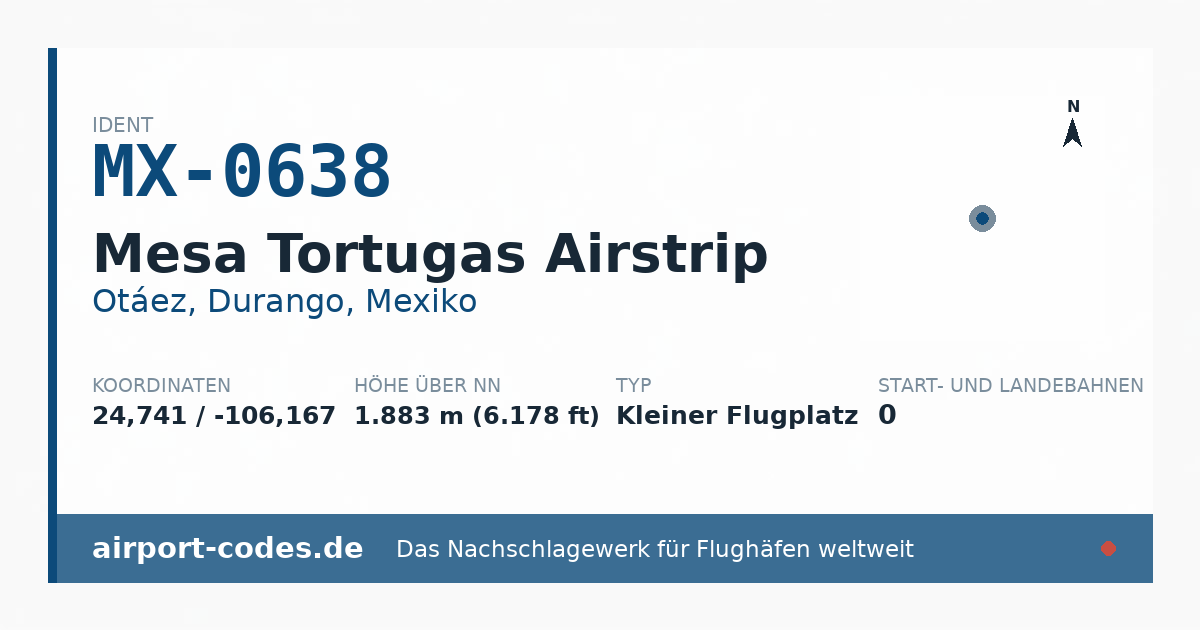 Generierte Übersichtsgrafik zum Flughafen Mesa Tortugas Airstrip mit Codes, Koordinaten und Bahnenskizze