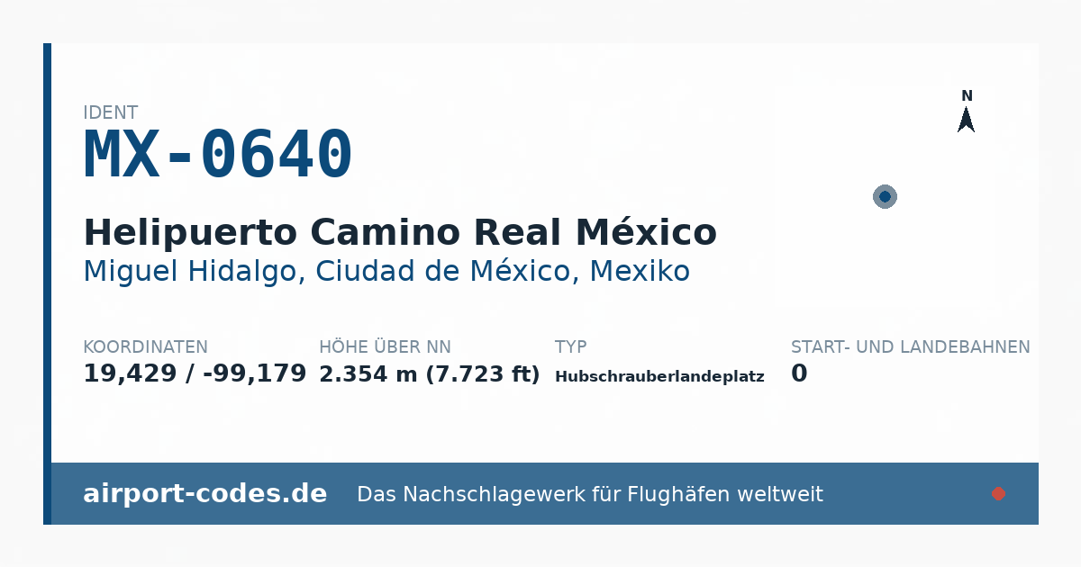 Generierte Übersichtsgrafik zum Flughafen Helipuerto Camino Real México mit Codes, Koordinaten und Bahnenskizze