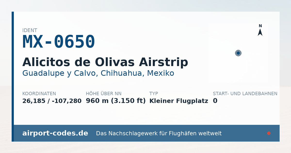 Generierte Übersichtsgrafik zum Flughafen Alicitos de Olivas Airstrip mit Codes, Koordinaten und Bahnenskizze