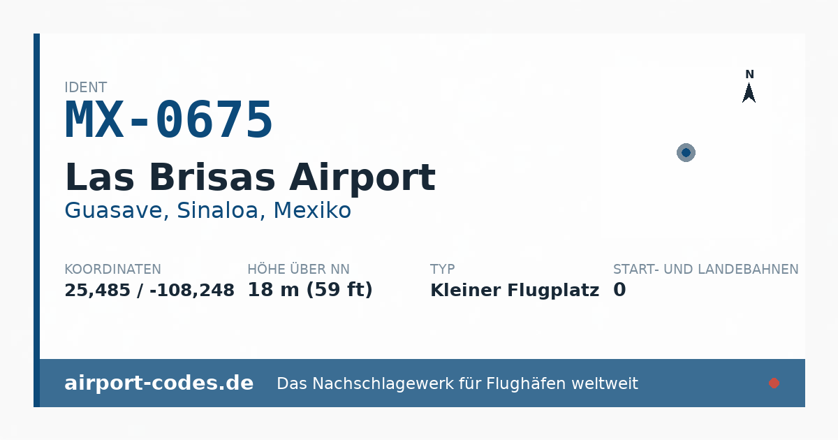 Generierte Übersichtsgrafik zum Flughafen Las Brisas Airport mit Codes, Koordinaten und Bahnenskizze