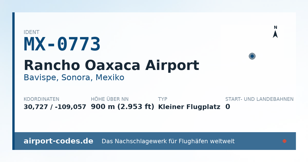 Generierte Übersichtsgrafik zum Flughafen Rancho Oaxaca Airport mit Codes, Koordinaten und Bahnenskizze