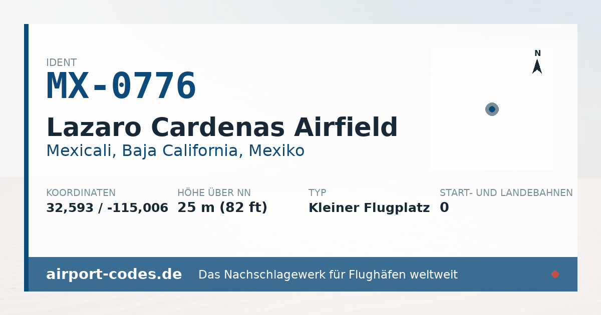 Generierte Übersichtsgrafik zum Flughafen Lazaro Cardenas Airfield mit Codes, Koordinaten und Bahnenskizze