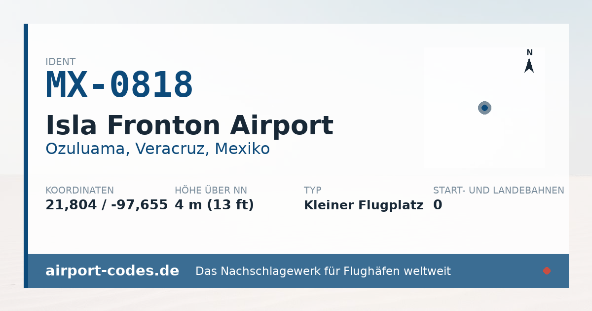 Generierte Übersichtsgrafik zum Flughafen Isla Fronton Airport mit Codes, Koordinaten und Bahnenskizze