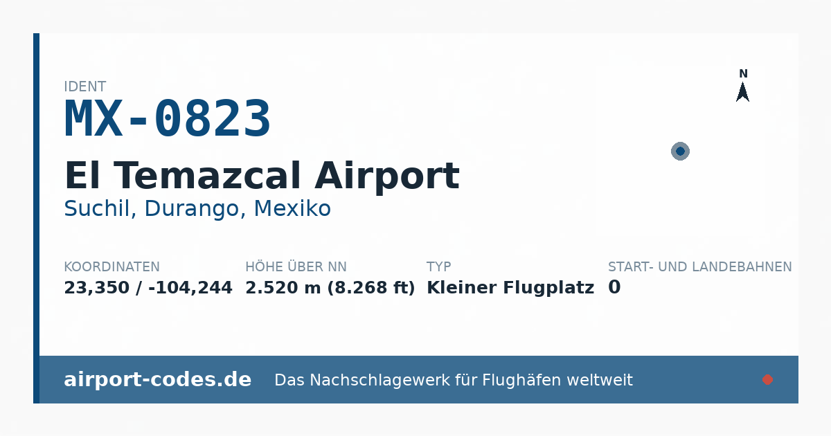 Generierte Übersichtsgrafik zum Flughafen El Temazcal Airport mit Codes, Koordinaten und Bahnenskizze
