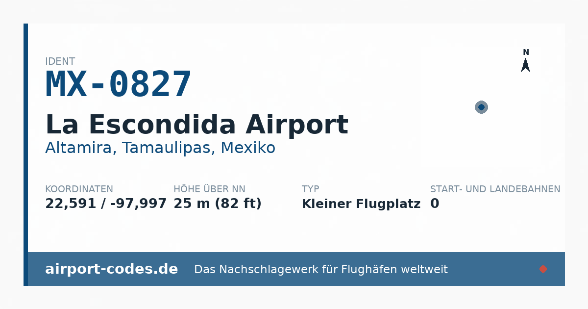 Generierte Übersichtsgrafik zum Flughafen La Escondida Airport mit Codes, Koordinaten und Bahnenskizze