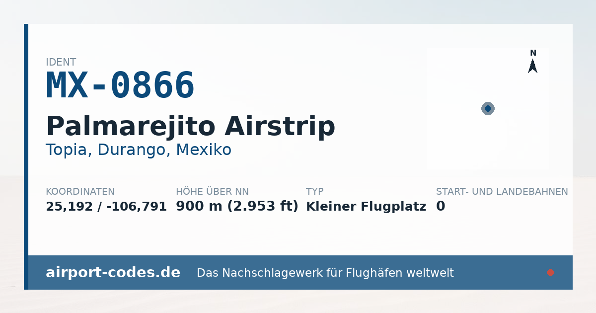 Generierte Übersichtsgrafik zum Flughafen Palmarejito Airstrip mit Codes, Koordinaten und Bahnenskizze
