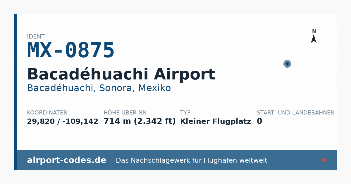 Generierte Übersichtsgrafik zum Flughafen Bacadéhuachi Airport mit Codes, Koordinaten und Bahnenskizze