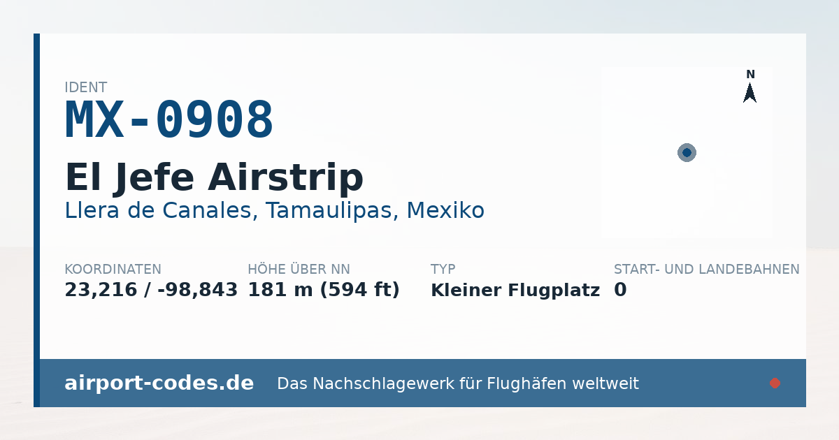 Generierte Übersichtsgrafik zum Flughafen El Jefe Airstrip mit Codes, Koordinaten und Bahnenskizze