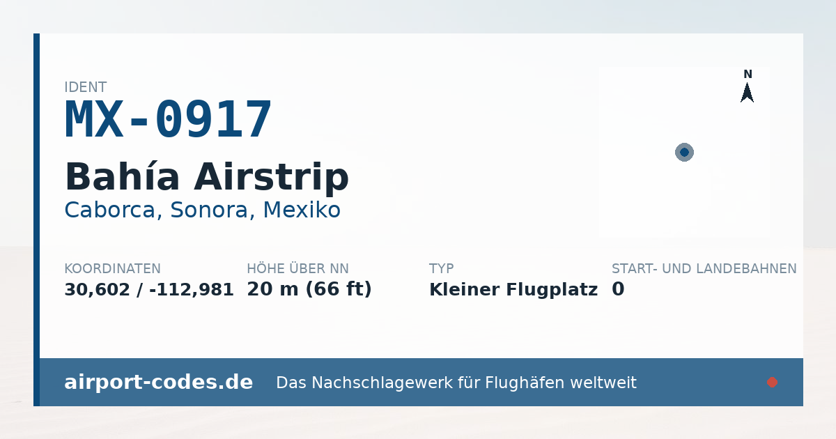 Generierte Übersichtsgrafik zum Flughafen Bahía Airstrip mit Codes, Koordinaten und Bahnenskizze