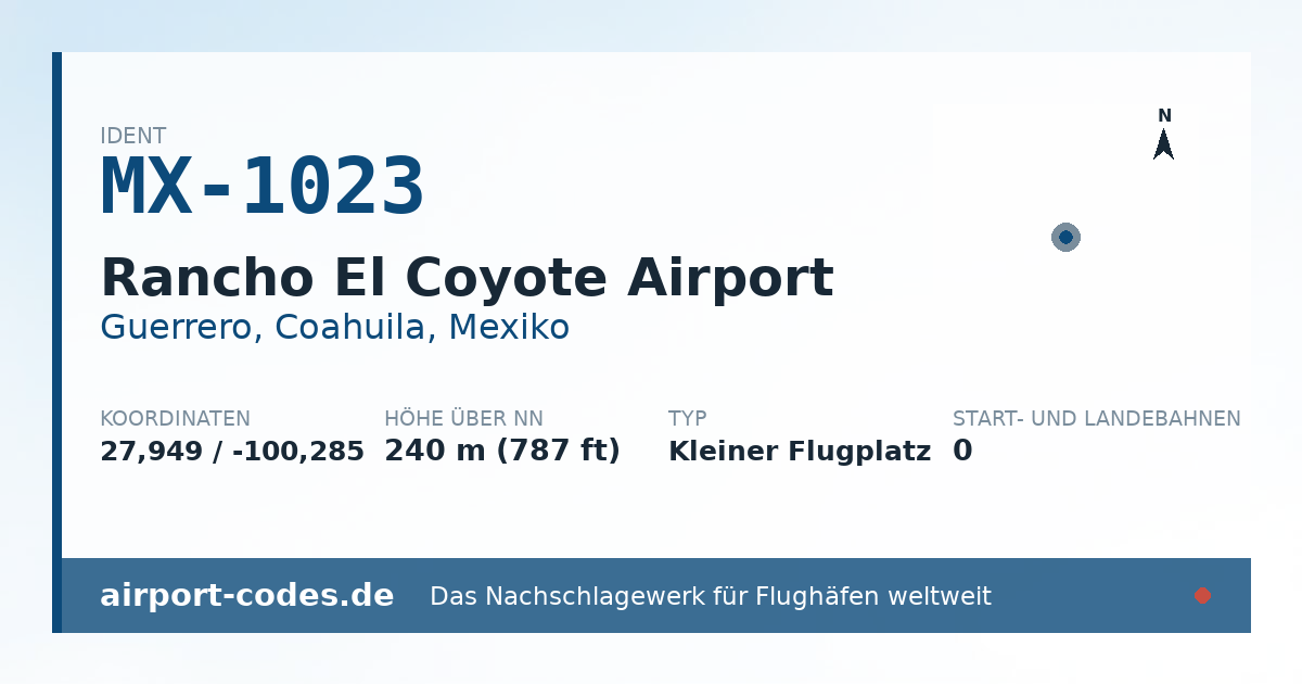 Generierte Übersichtsgrafik zum Flughafen Rancho El Coyote Airport mit Codes, Koordinaten und Bahnenskizze