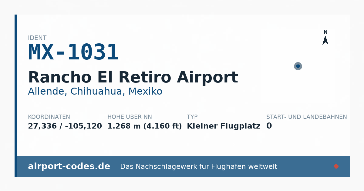 Generierte Übersichtsgrafik zum Flughafen Rancho El Retiro Airport mit Codes, Koordinaten und Bahnenskizze