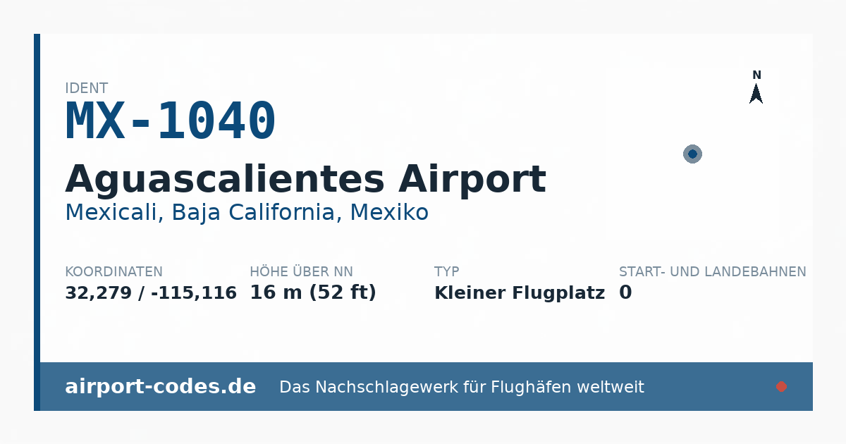Generierte Übersichtsgrafik zum Flughafen Aguascalientes Airport mit Codes, Koordinaten und Bahnenskizze