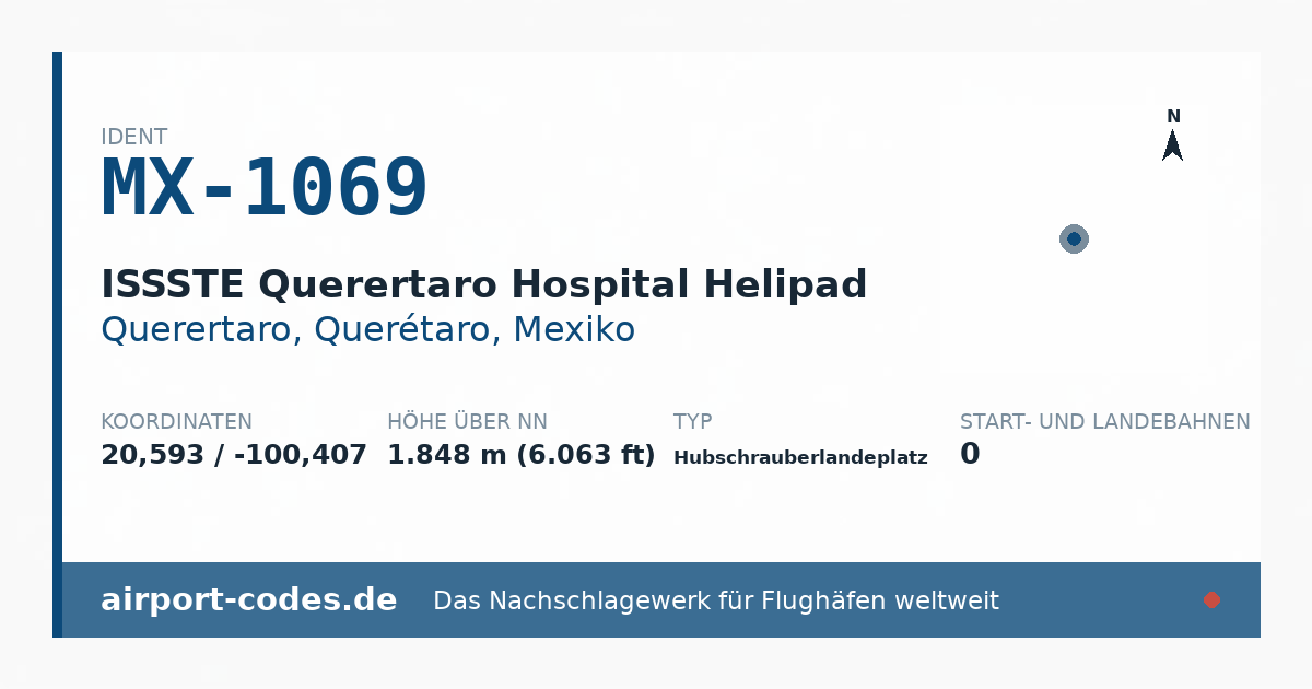 Generierte Übersichtsgrafik zum Flughafen ISSSTE Querertaro Hospital Helipad mit Codes, Koordinaten und Bahnenskizze