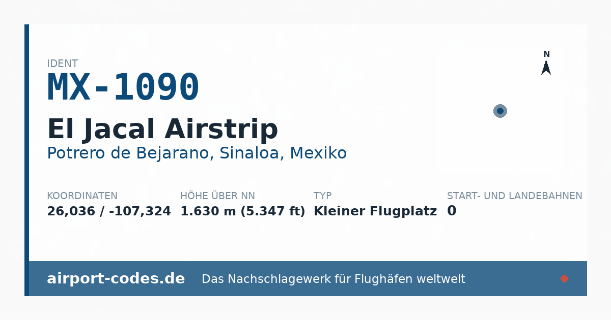 Generierte Übersichtsgrafik zum Flughafen El Jacal Airstrip mit Codes, Koordinaten und Bahnenskizze
