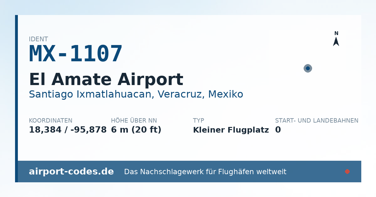 Generierte Übersichtsgrafik zum Flughafen El Amate Airport mit Codes, Koordinaten und Bahnenskizze