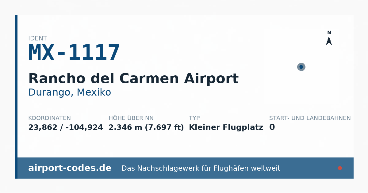 Generierte Übersichtsgrafik zum Flughafen Rancho del Carmen Airport mit Codes, Koordinaten und Bahnenskizze
