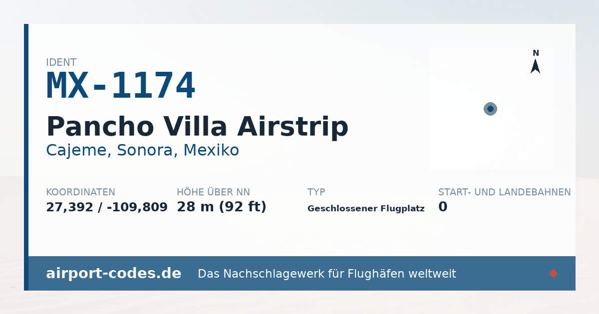 Generierte Übersichtsgrafik zum Flughafen Pancho Villa Airstrip mit Codes, Koordinaten und Bahnenskizze
