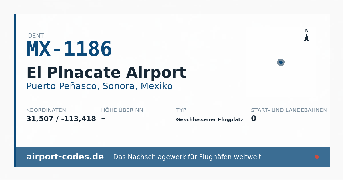Generierte Übersichtsgrafik zum Flughafen El Pinacate Airport mit Codes, Koordinaten und Bahnenskizze