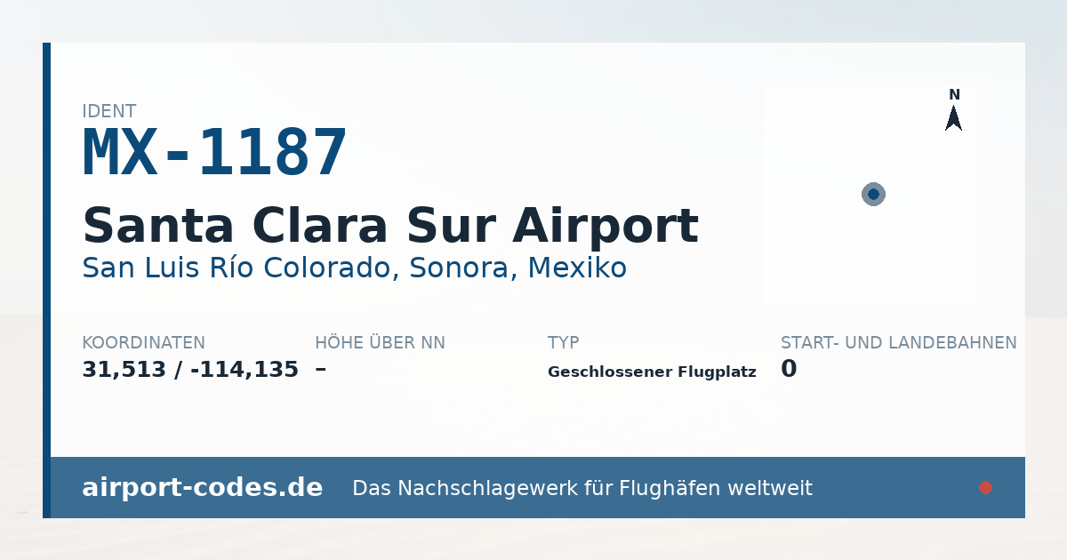 Generierte Übersichtsgrafik zum Flughafen Santa Clara Sur Airport mit Codes, Koordinaten und Bahnenskizze