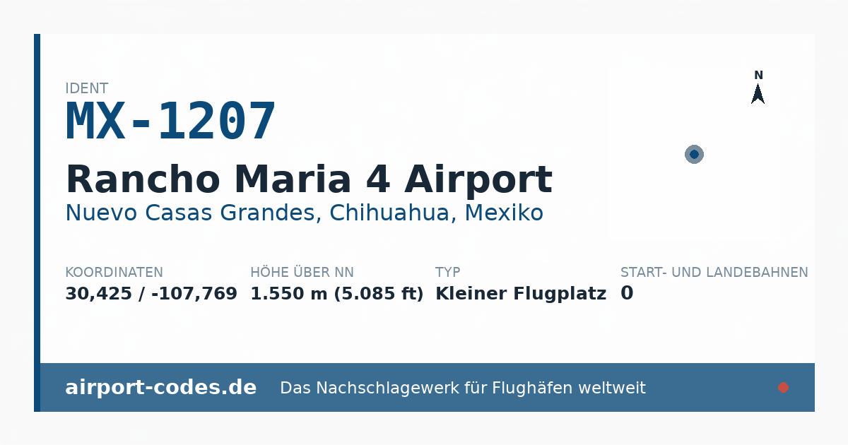 Generierte Übersichtsgrafik zum Flughafen Rancho Maria 4 Airport mit Codes, Koordinaten und Bahnenskizze