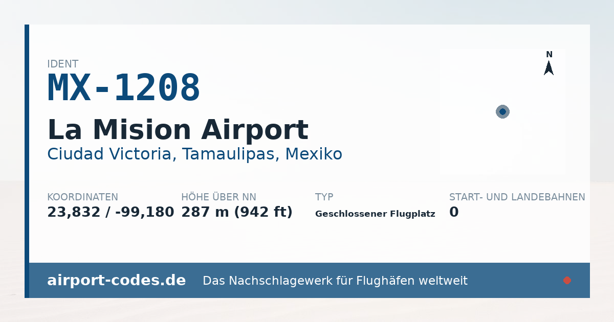 Generierte Übersichtsgrafik zum Flughafen La Mision Airport mit Codes, Koordinaten und Bahnenskizze