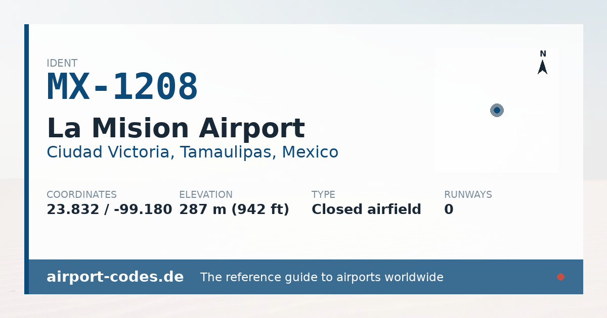 Generated summary graphic for La Mision Airport showing codes, coordinates and a runway sketch