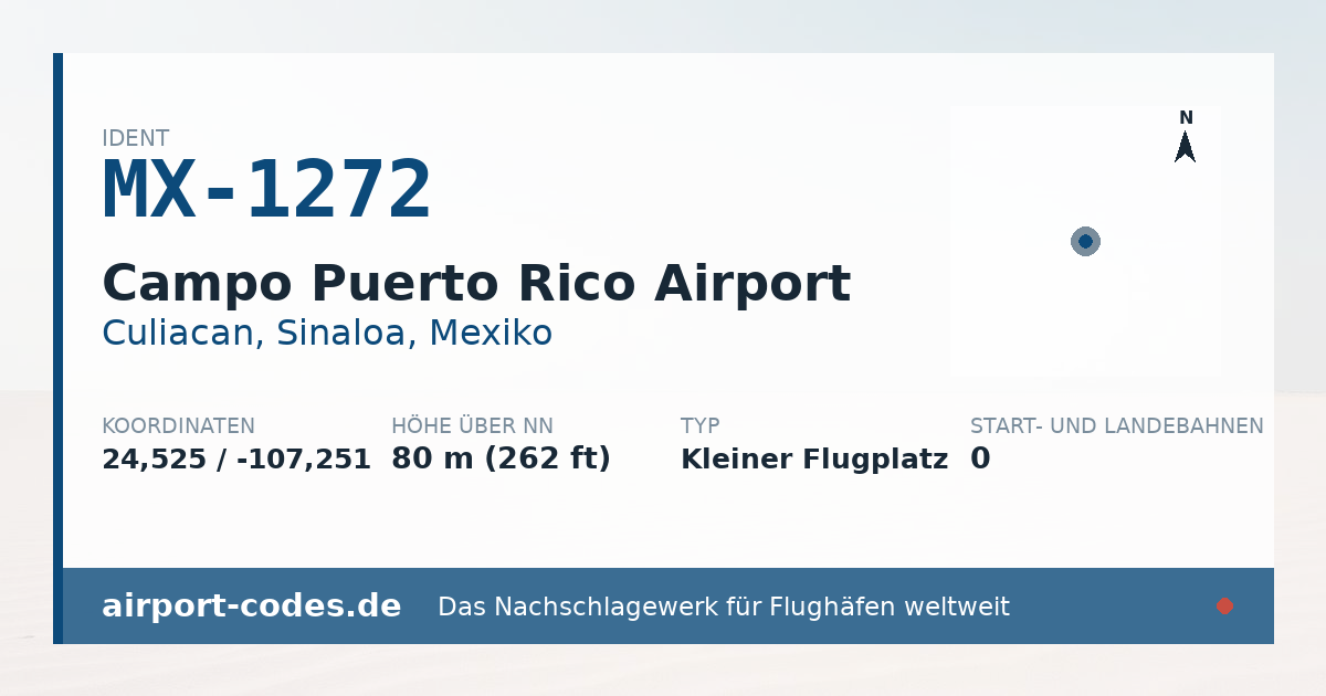 Generierte Übersichtsgrafik zum Flughafen Campo Puerto Rico Airport mit Codes, Koordinaten und Bahnenskizze