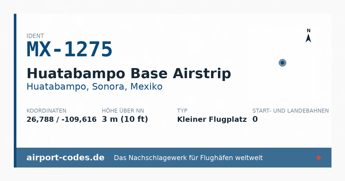 Generierte Übersichtsgrafik zum Flughafen Huatabampo Base Airstrip mit Codes, Koordinaten und Bahnenskizze