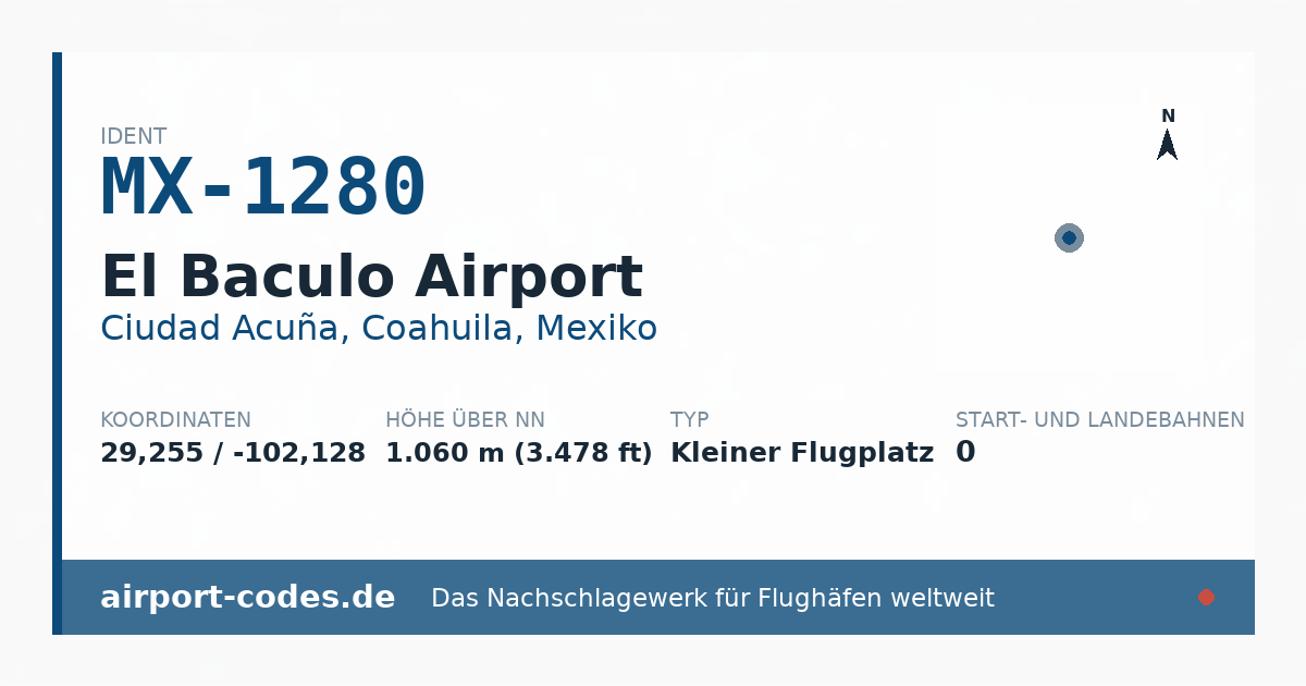 Generierte Übersichtsgrafik zum Flughafen El Baculo Airport mit Codes, Koordinaten und Bahnenskizze