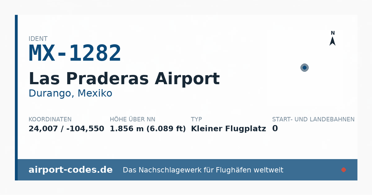 Generierte Übersichtsgrafik zum Flughafen Las Praderas Airport mit Codes, Koordinaten und Bahnenskizze