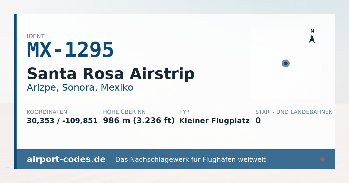 Generierte Übersichtsgrafik zum Flughafen Santa Rosa Airstrip mit Codes, Koordinaten und Bahnenskizze