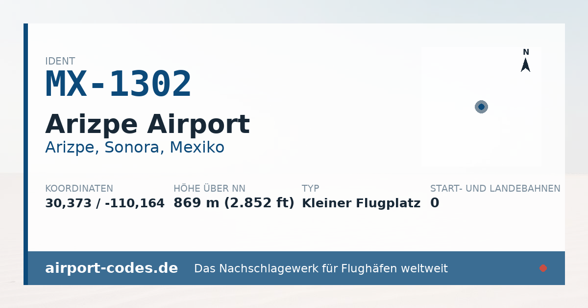 Generierte Übersichtsgrafik zum Flughafen Arizpe Airport mit Codes, Koordinaten und Bahnenskizze