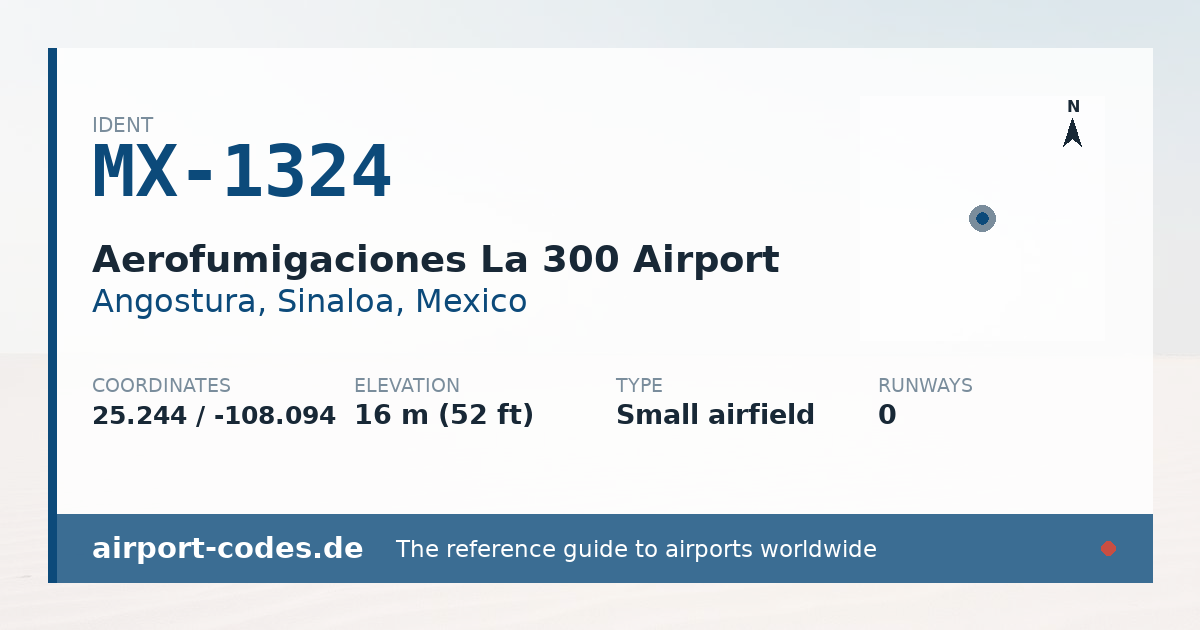 Generated summary graphic for Aerofumigaciones La 300 Airport showing codes, coordinates and a runway sketch