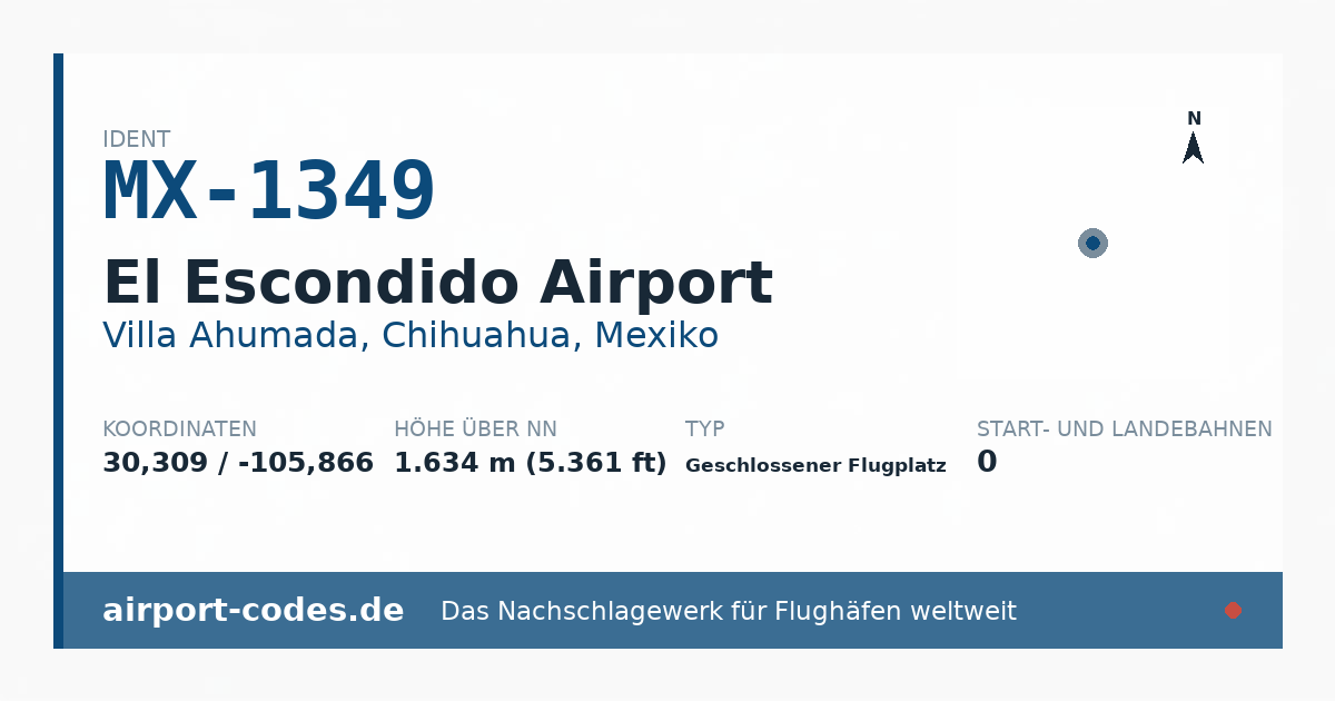 Generierte Übersichtsgrafik zum Flughafen El Escondido Airport mit Codes, Koordinaten und Bahnenskizze