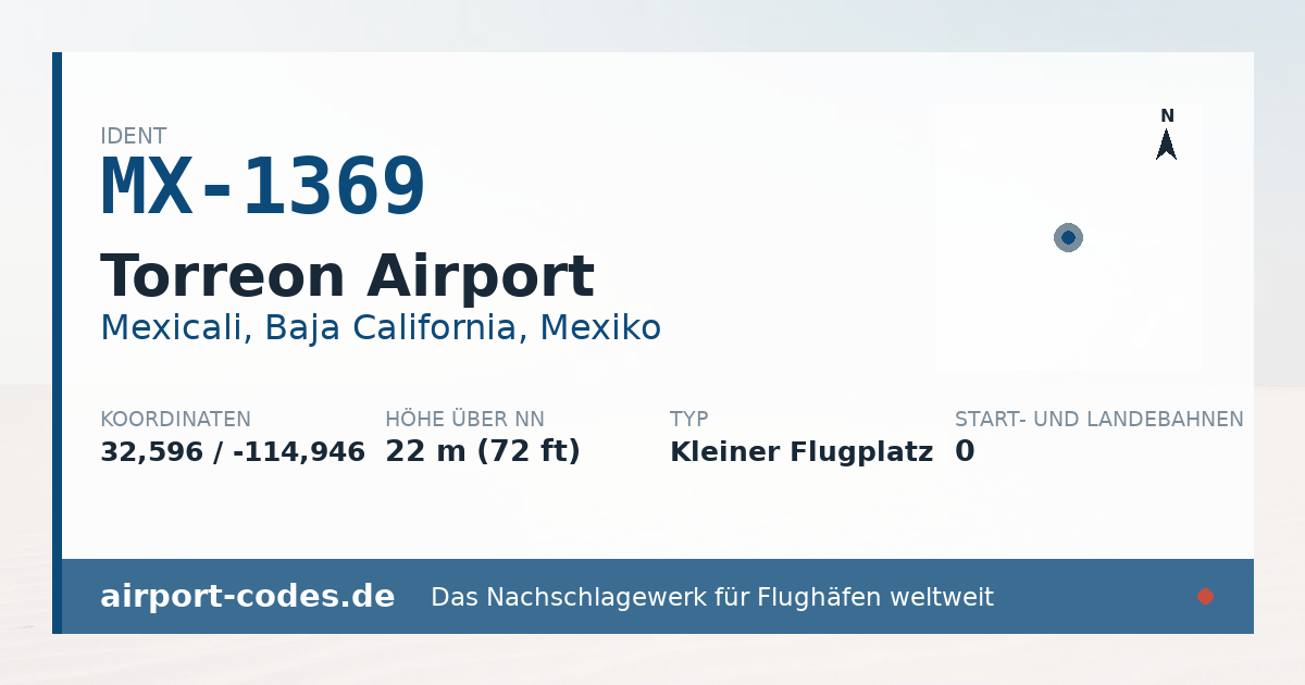 Generierte Übersichtsgrafik zum Flughafen Torreon Airport mit Codes, Koordinaten und Bahnenskizze