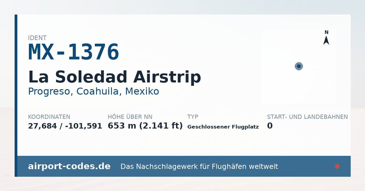Generierte Übersichtsgrafik zum Flughafen La Soledad Airstrip mit Codes, Koordinaten und Bahnenskizze