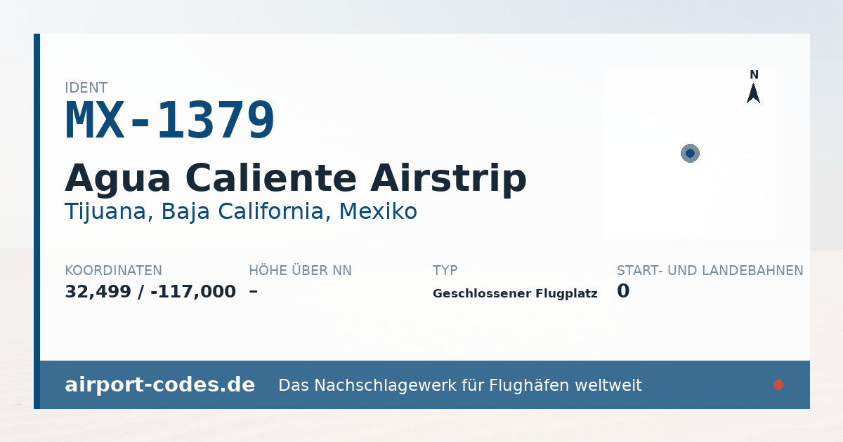Generierte Übersichtsgrafik zum Flughafen Agua Caliente Airstrip mit Codes, Koordinaten und Bahnenskizze