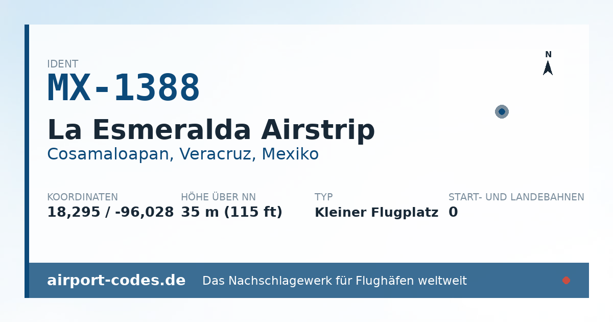 Generierte Übersichtsgrafik zum Flughafen La Esmeralda Airstrip mit Codes, Koordinaten und Bahnenskizze