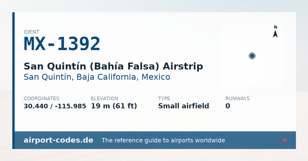 Generated summary graphic for San Quintín (Bahía Falsa) Airstrip showing codes, coordinates and a runway sketch