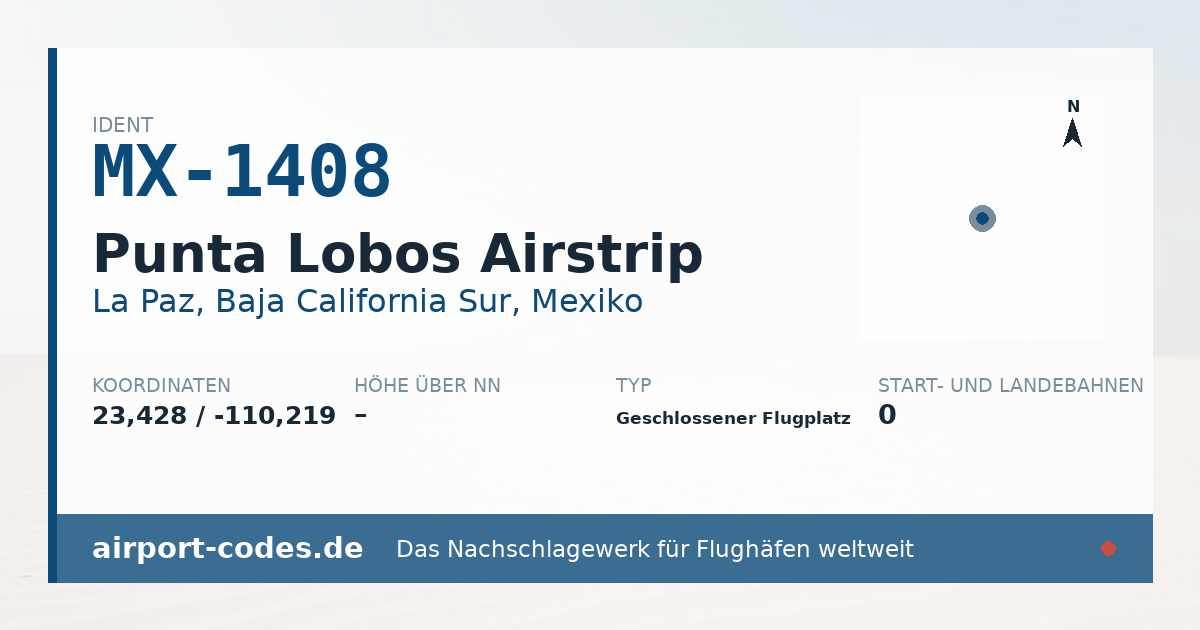 Generierte Übersichtsgrafik zum Flughafen Punta Lobos Airstrip mit Codes, Koordinaten und Bahnenskizze