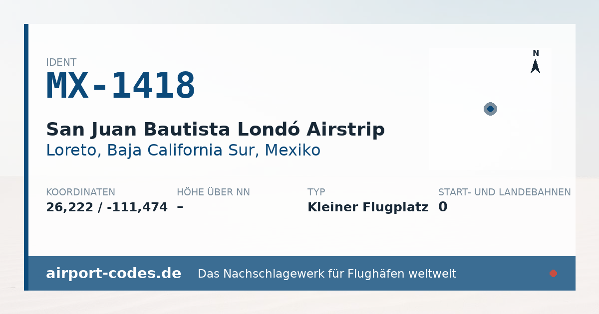 Generierte Übersichtsgrafik zum Flughafen San Juan Bautista Londó Airstrip mit Codes, Koordinaten und Bahnenskizze
