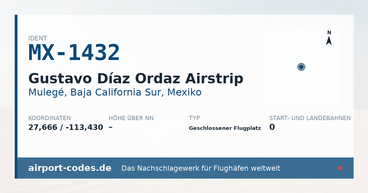 Generierte Übersichtsgrafik zum Flughafen Gustavo Díaz Ordaz Airstrip mit Codes, Koordinaten und Bahnenskizze