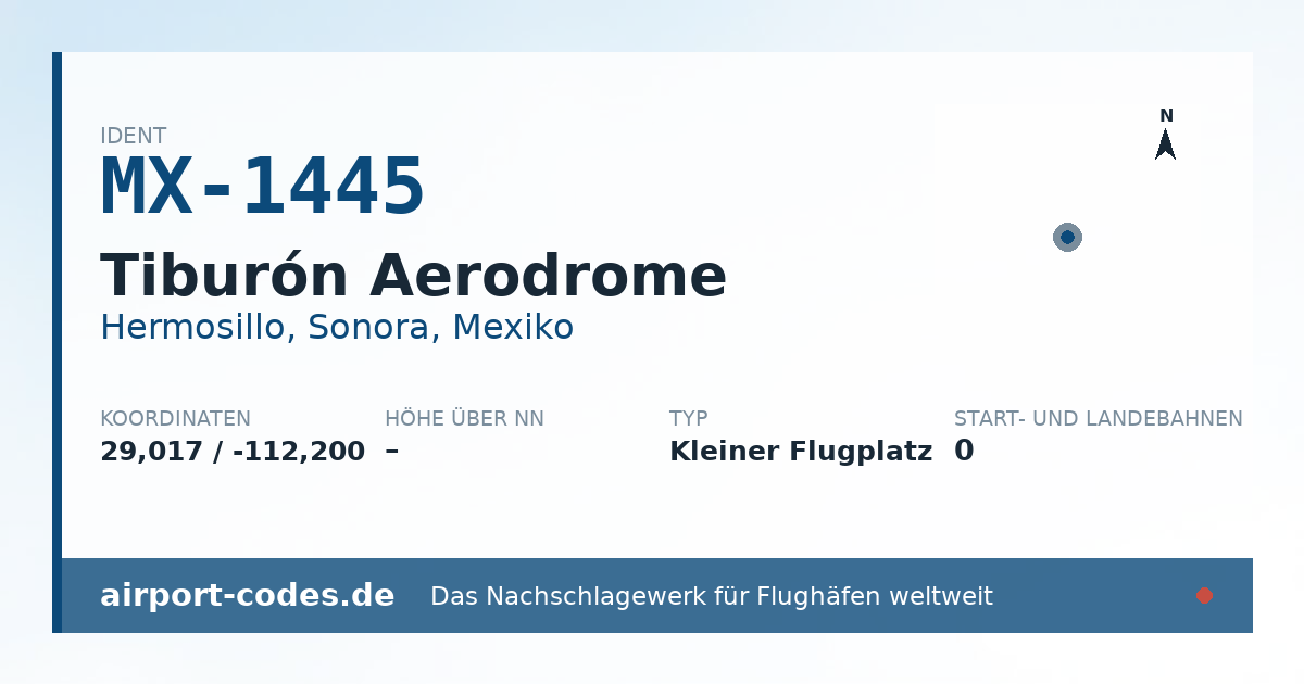 Generierte Übersichtsgrafik zum Flughafen Tiburón Aerodrome mit Codes, Koordinaten und Bahnenskizze