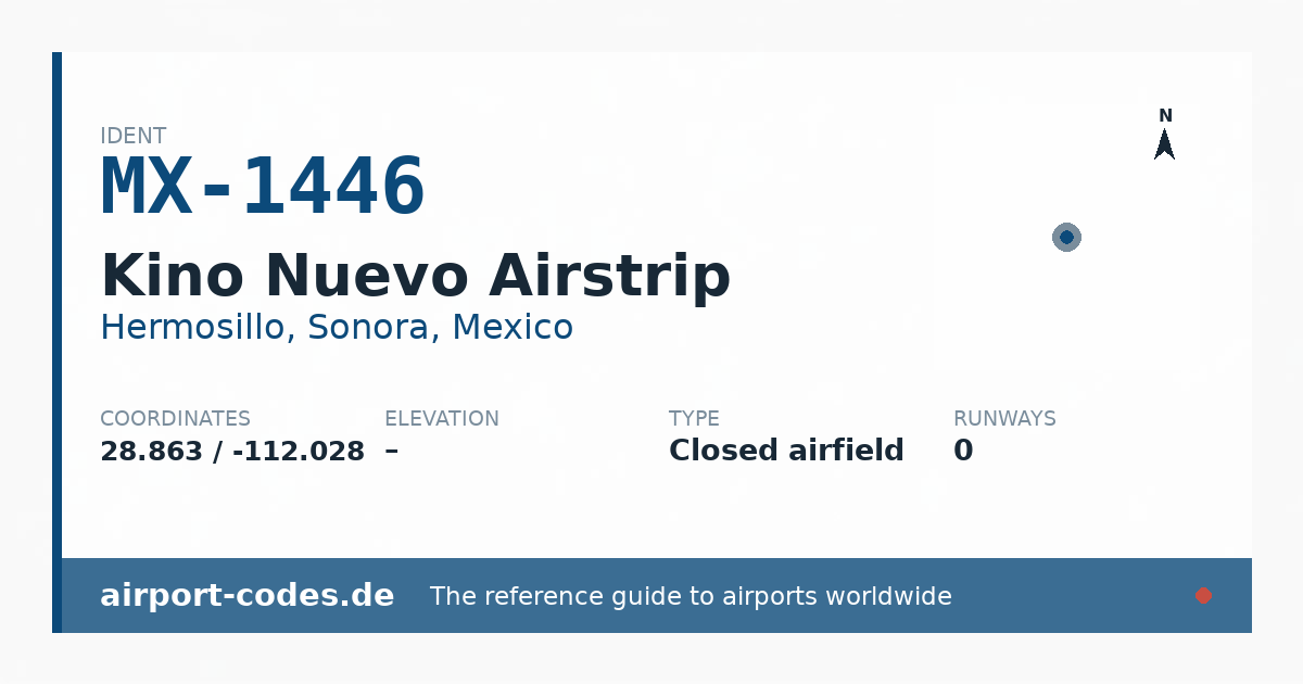 Generated summary graphic for Kino Nuevo Airstrip showing codes, coordinates and a runway sketch