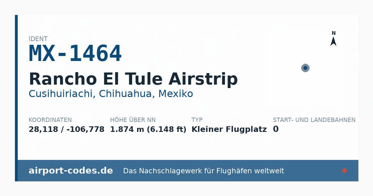 Generierte Übersichtsgrafik zum Flughafen Rancho El Tule Airstrip mit Codes, Koordinaten und Bahnenskizze