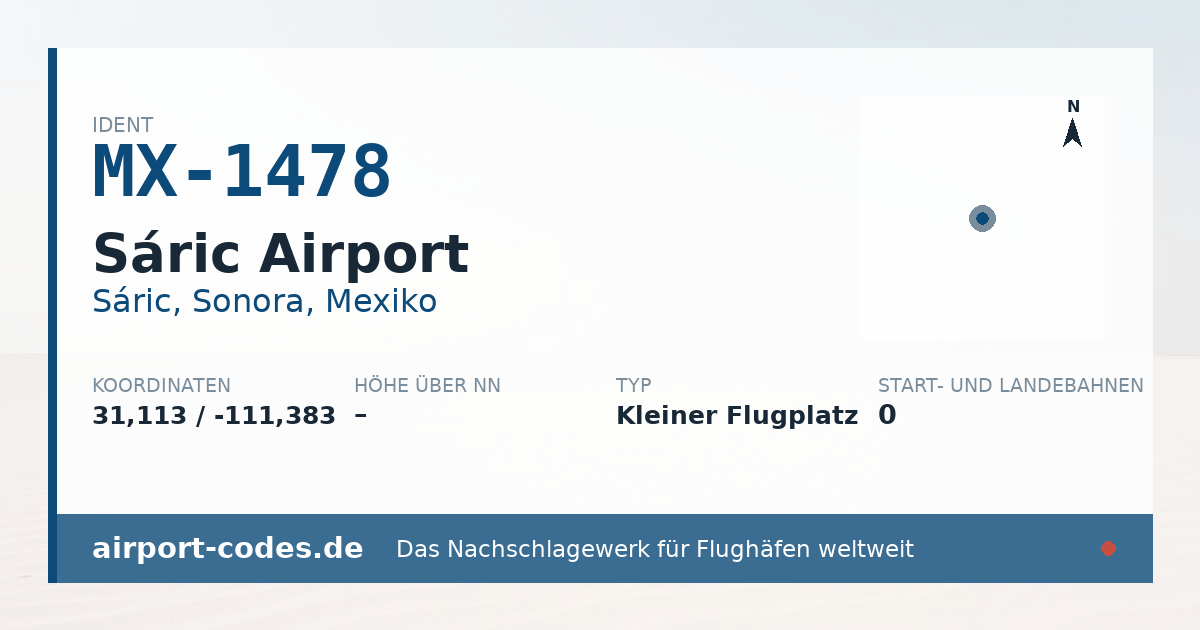 Generierte Übersichtsgrafik zum Flughafen Sáric Airport mit Codes, Koordinaten und Bahnenskizze